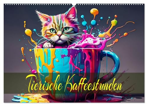 Tierische Kaffeestunden (Wandkalender 2026 DIN A2 quer), CALVENDO Monatskalender: Farbenfrohe Tiere und Tassen im Einklang. (CALVENDO Spass)