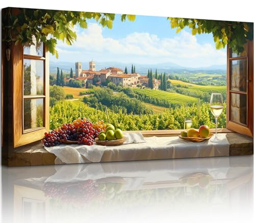 MHARTK66 Fensterblick Landschaft Leinwandbild, 50x100 cm Groß Wandbilder Früchte & Weinglas Weinberg Esszimmer Bilder Aesthetic, Modern Wanddeko Kunstdruck Küche Wohnzimmer Schlafzimmer Flur