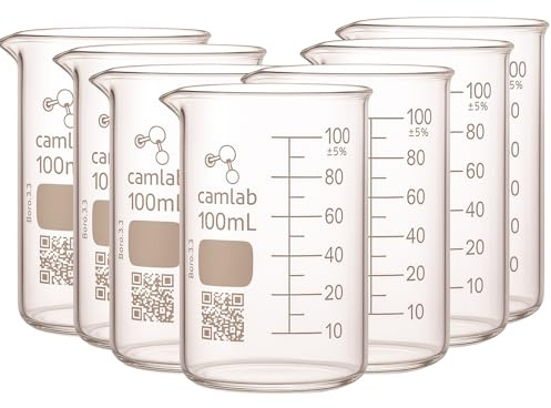 Camlab Graduated 3,3 Borosilicate Glass Low Form Beaker, With Spout, Griffin Beaker, Chemically Resistant and Heat Resistant, 100ml Glass Beaker, Pack of 10