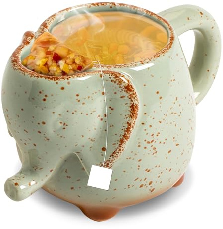 GOEDCH Elephant Teetasse: Elefanten Tasse, Elefanten Becher mit TeeBeutelhalter, Elephant Kaffeetasse für Teebeutel, Kaffeebeutel, Niedlicher Keramik Elefant Becher, Keramiktasse in Tierform