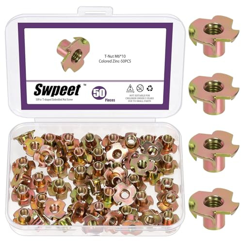 Swpeet 50Pcs M6×10 Color Zinc Plated T-Nuts, 4-Pronged Tee Nut, Threaded Inserts, Bolt Dropper T-Nut Wood Insert for Furniture, Cabinet, Wood, Rock Climbing Holds