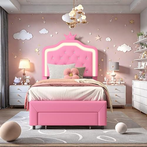KatFash Kinderbett 90x200cm Polsterbett mit LED Bettgestell, Jugendbett Flachbett mit Lattenrost und Stauraum,Kinder Bett Gepolsterter Stauraumbett mit Schubladen, kopfteil,Rosa,PU
