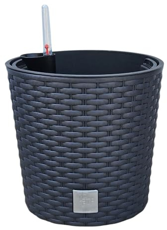 HappyFlower Blumentopf rund mit Innentopf – Pflanzkübel aus Kunststoff in Rattan-Optik, für Innen & Außen, Übertopf Verschiedene Größen & Farben erhältlich, (Äußerer ∅ Oben 20 cm, Anthrazit)