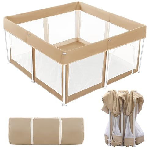 Lexixi Ibao Faltbares Laufgitter für Babys, 120 x 120 cm, extra groß, zusammenklappbar, für Babys und Kleinkinder, Indoor-Outdoor-Aktivitätszentrum mit Zaun, Khaki
