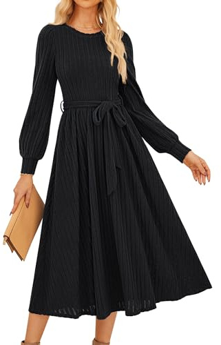 GRACE KARIN Elegant Vintage Women Long Lantern Sleeve Midi Dress Elastic Waist A-Line Crew Neck Casual Dress with Belt Black S