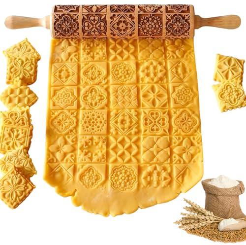 Teigroller mit Prägung Weihnachten, Präge Nudelholz aus Holz für Weihnachten, Teigroller mit 3D-Muster, zum Backen von Gebäck, Kuchen, Keksen, Fondant, Gebäck