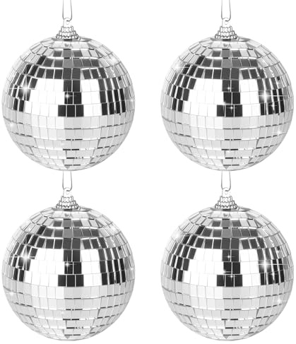 DUBUOZA 4 Stück Discokugel, 10 cm Spiegelkugel, Discokugel Deko, geeignet für Weihnachtsbaum, Hochzeitshintergrund, Bar-Dekoration, Heimdekoration (Silber)