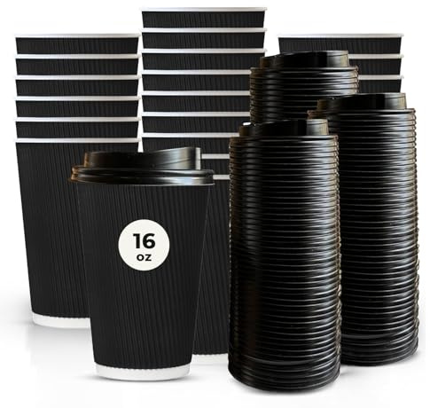 ECONX 100 X 16oz Disposable Kraft Ripple Paper Cups with Lids Black – Leak-Proof Insulated Takeaway Coffee Cups 3 Ply for Coffee, Tea, Hot Beverage - Disposable Coffee Cups for Home, Office, Cafes