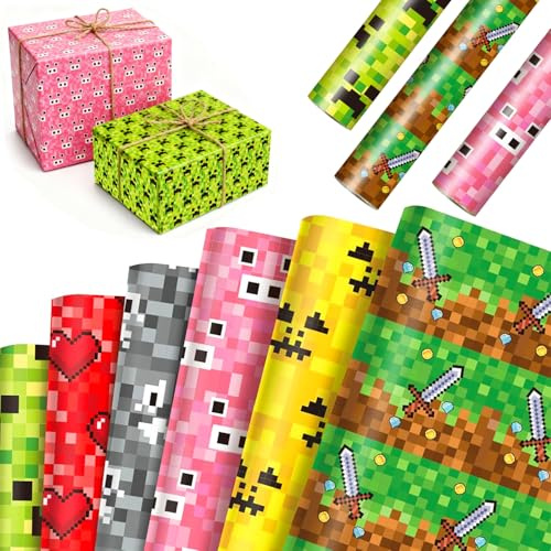 Geschenkpapier 12 Blatt Miner Gamer Geschenkpapier Pixel Packpapier | 68cm x 51cm Gift Wrapping Paper für Happy Birthday Party, Einschulung, Geburtstag Deko (6 Stile)