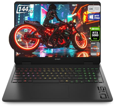 HP Omen 16 Gaming Laptop, AMD Ryzen 9-8940HX, 16 GB DDR5 RAM, 512 GB PCIe SSD, 16 (1920x1200) IPS 144Hz Display, Nvidia G-Force RTX 5060, 4-Zone RGB QWERTZ Tastatur, Windows 11 Pro, Shadow Black