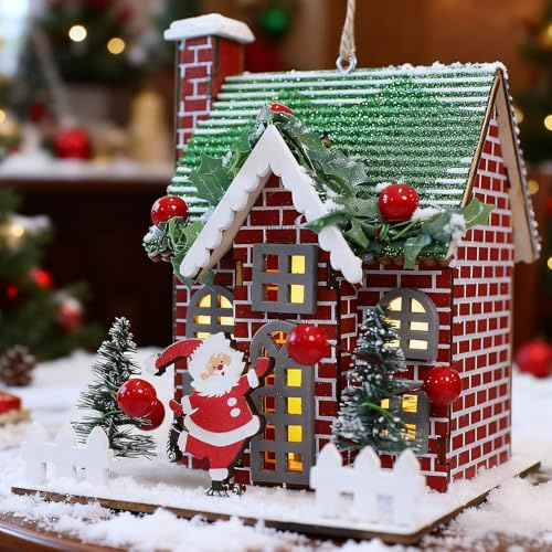Xevinas Weihnachtsdorf Mit Beleuchtung, Weihnachtsdeko Holz Häuser Mit Aufhängeseilen, Led Holzhaus Deko Wichtelhaus Weihnachten, Weihnachtsdekoration Für Weihnachtsbäume, Fenster, Tisch (A)