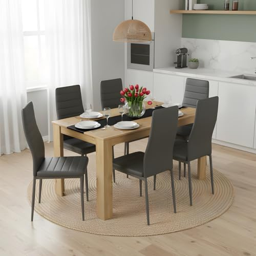 GOKHOMX Essgruppe Esstisch mit 6 Stühlen Set, 140 x 70 x 75 cm Rechteckiger Esszimmertisch mit 6 Kunstleder Stühlen Set, Esstisch und Stühle für Küche Esszimmer Wohnzimmer Büro (Eiche + Grau)