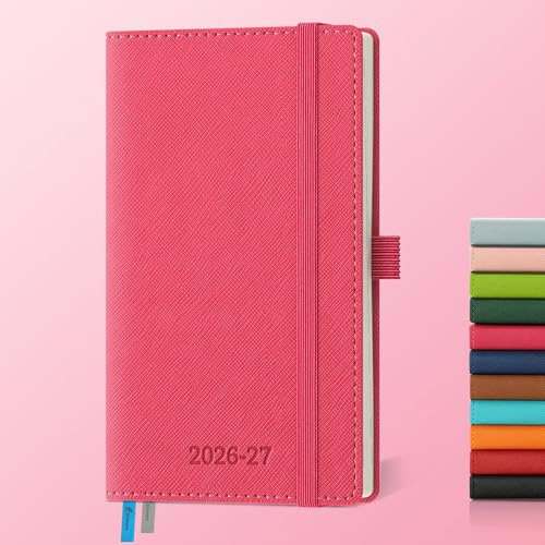 IN-LUXPRO Academic Diary 2026-2027: Pocket A6 Week to View Slim (16.4x9.5cm)18 Months(Jul'26 -Dec'27) Weekly & Monthly Planner with Month Tabs & Inner Pocket, Expenses/Note Pages, PU Leather Rose Red