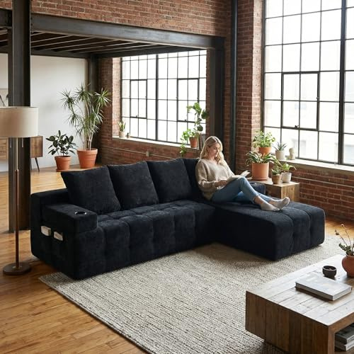 kowdom Hörnsoffa L-form med vändbar chaise, modulär molnsoffa av manchester, med sidoficka och 2 kopphållare, monteringsfritt skum med hög densitet, för vardagsrum, svart