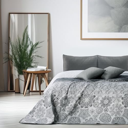 DecoKing 77191 Tagesdecke 170 x 210 cm stahl silber weiß anthrazit Bettüberwurf zweiseitig white steel silver Steppung Alhambra