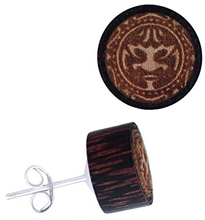 CHICNET Holz Ohrstecker Edelstahl Perlmutt rund 8mm Verschiedene Motive Hibiskus Blume des Lebens Azteken Krieger Kämpfer Stern Muschel Ringe Kreise Unisex Damen Herren Celtic keltischer Knoten