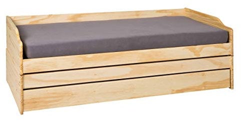 Inter Link - Funktionsbett - Stauraumbett - Bett mit Schubladen - Kiefer massivholz - Für Kinder, Jugendliche - Einzelbett - Gästebett - 2 Lattenroste - 3 Liegeflächen - Natur - Lotar - 90x200 cm