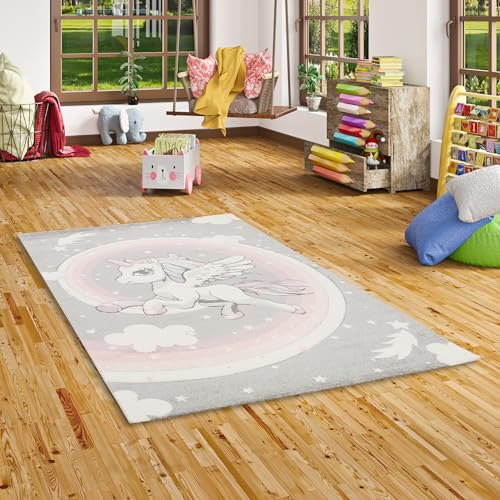 Pergamon Kinder Teppich Maui Kids Pastell Grau Rosa Einhorn in 5 Größen