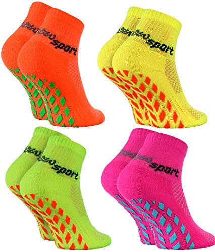 Rainbow Socks - Fille Garçon Chaussettes Antidérapantes de Sport - 4 paires - Orange Rose Vert Jaune - Taille 24-29