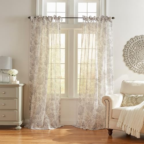 Elrene Floral Cottagecore Tie-Top Sheer Window Curtain Panel, Poly-Linen Blend, Grey, 52 W x 84 L (Pack of 1)
