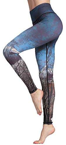 FLYILY Frauen Yoga Pants Gedruckt hohe Taillen-Power Flex Capris Workout Gamaschen für Fitness Laufen(BlackNight,L)