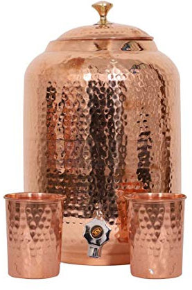 Handicraft Handloom Indian Handmade Hand Hammered Pure Copper Water Dispenser Pot 4 Liter Ayurveda Healing Water Storage Tank Copper Bottle Mug Pitcher With 2 Hammered Glasses