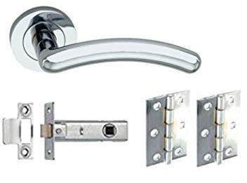1 Set Arched T-Bar Chrome Lever On Rose Door Handles Pack Internal Latch & Hinge