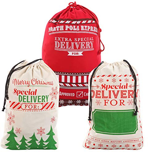 JOYIN 3 Packs Geschenk-Säcke, Santa Burlap Sack mit Kordelzug 26 x 19 für große Xmas Paket Lagerung, Weihnachten große Geschenk-Säcke