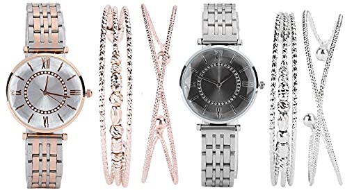 DAUERHAFT Orologio da Donna, con Bracciale 2 Pezzi e Orologio e Bellissima Confezione Regalo, Set di Gioielli di Moda, Adatto per Regali/Amiche(Argento Rosa Bianco)
