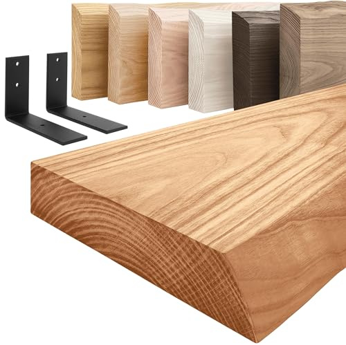 LAMO Manufaktur Holzregal mit schwarzen L-förmigen Halterungen | Wand Regal 80 cm breit für Wohnzimmer, Küche, Büro im Industrial-Stil | Farbe: Dunkel, Kante: natürlich | Massivholz, Vintage-Charakter