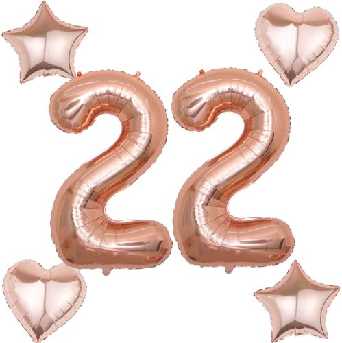 2 Luftballons Zahl 22 rosegold+4 pcs herz/stern Folienballon 22 .Geburtstag Deko frau rosegold ,40 Luftballons 22 .geburtstagsdeko frauen 22 jahre,ballon 22. geburtstag deko frau(rosegold 22)