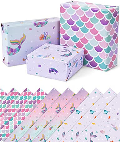 WERNNSAI Meerjungfrau Geschenkpapier - Geschenkverpackung 10 Blatt 51 cm * 69cm beschichtetes Packpapier für Kinder Mädchen Geburtstag Baby Shower Party Dekoration