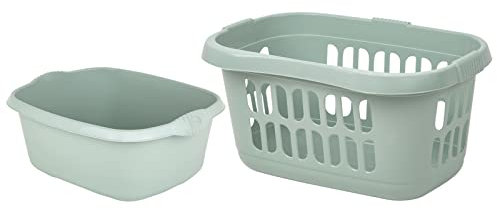 𝐂𝐨𝐦𝐛𝐨 𝐎𝐟 Large 60L Hipster Laundry Basket with Rectangular Washing Up Bowl | Dish washing, Kitchen Basin Sink Bowl | Washing Bedding Linen Storage Basket. (Silver Sage)