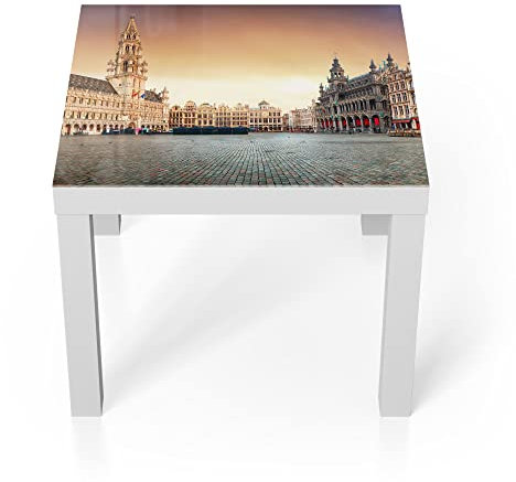 DEQORI Glastisch | weiß klein 55x55 cm | Motiv Grand Place am Morgen | ausgefallener Beistelltisch aus Glas | Hochglanz Couchtisch fürs Wohnzimmer | moderner Couch Tisch mit Design