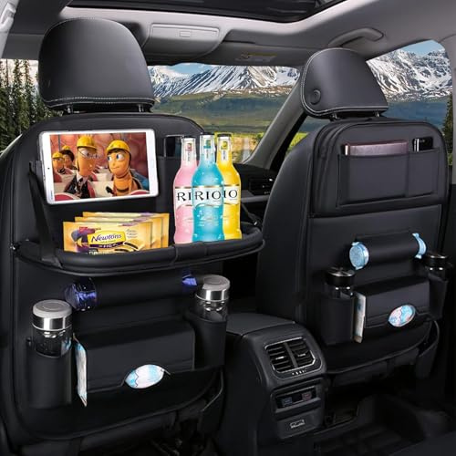 ASENDIWAY Organiseur de siège arrière en cuir synthétique de qualité supérieure avec table pliable, poches de rangement multiples et sangle à boucle réglable pour automobiles
