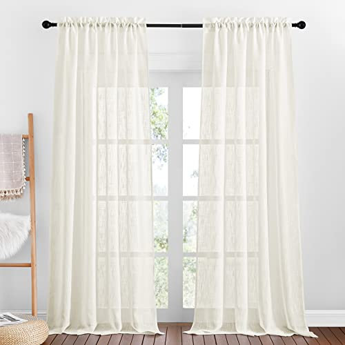 PONY DANCE Leinenoptik Vorhänge Wohnzimmer Gardinen Landhausstil 2er Set H 240 x B 132 cm Leinen Vorhang Halbtransparent Balkontür Gardine mit Stangedurchzug, Hellbeige