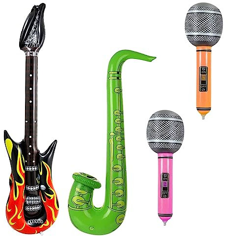 Lot de 4 ballons gonflables pour guitare, saxophone, micro, guitares, instruments de musique, ballons gonflables, jouet pour adultes et enfants, accessoire de déguisement pour décoration de fête