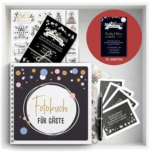 Fotospiel Set 60 Geburtstag by snaPmee - Fotoaufgaben, Hardcover-Gästebuch (21x21cm), Stift, Sticker, Aufsteller - Party-Spiel für Gäste