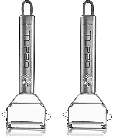 TURBO PRODUKTE Set of 2 Stainless Steel Peelers for Fruit and Vegetables - Forwards and Backwards with Pendulum Blade for Left and Right Handed Users - 3-in-1 Function