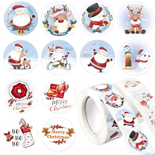1000Pcs 2 Rouleau Autocollant Noël Étiquette Rond 2,5cm Autocollant Adhésif Sticker Motif Fête Décoratif pour Emballage Cadeau Enveloppe Bricolage Pâtisserie (motif de père noël B)