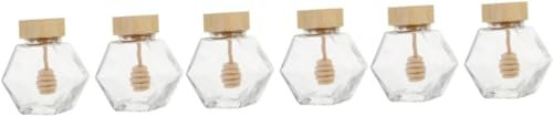 Frascos de mermelada, botellas de vidrio, 6 piezas Botella de vidrio de miel hexagonal Tapa de madera Tarro hermético mini frascos de miel con cucharón tarro de miel transparente dispensador de jarabe