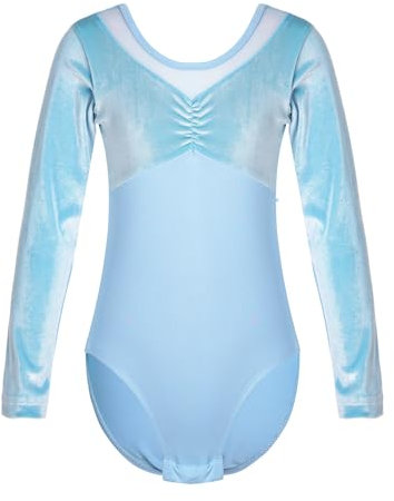 Mufeng Mädchen Turnanzug Langarm Ballett Trikot Samt Akrobatik Body Gymnastikbody Wettkampf Eiskunstlaufen Tanzkleidung Blau 110-116