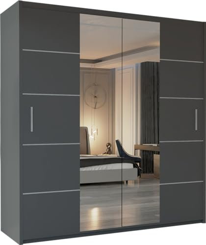 MN Furniture Wavy Sliding Mirror Door Wardrobe with Shelves, Hanging Rails Provide Plenty of Storage For Bedroom (Grey, 203cm)