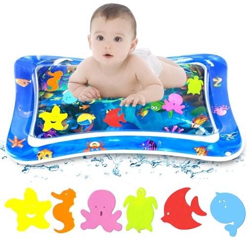 GROFIS Wassermatte Baby 66x50cm, BPA Frei PVC Babymatte Bauchlage Spielzeug Baby ab 3 6 9 Monate, Wasserspielmatte mit 6 Meereslebewesen Schwebend, Aqua Matte Tummy Time Toys für Baby und Katzen