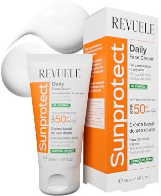 Revuele Sunprotect Tagescreme SPF 50 Öl-Kontrolle für Mischhaut und ölige Haut mit Hyaluronsäure, Vitamin E sowie Enantia Chlorantha Extrakt, 50 ml