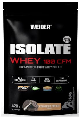Weider Isolate Whey 100CFM (420g) Cookies&Cream Geschmack, 24g Protein 100% Isolat Whey von Isolac® /Portion, mit Verdauungsenzymen Digezyme®, ohne Zuckerzusatz, ohne Aspartam, fettarm, 14 Portionen