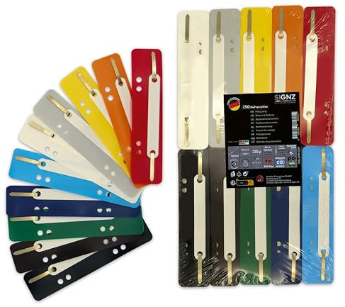 SIGNZ Heftstreifen Kunststoff (PP), 250 Stück, 25 x 10 Farben, recycelbarer Kunststoff (PP), CO2-neutral hergestellt, made in Germany (250 Stück, 10 Farben)