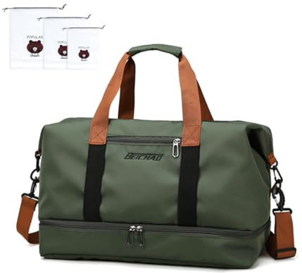 Bolsa de Viaje de Gran Capacidad, Mujer Bolsos de Mano Ligero Impermeables y 3 Bolsas de Zapatos, Adecuado para Fines de Sede, Noche, Vacaciones, Bolsa de Natación Impermeable, 46 * 28 * 25cm(Verde)