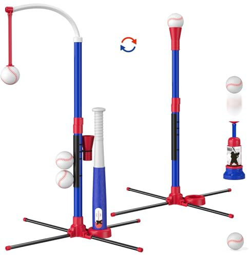 3-in-1 Baseball Set für Kinder 3-5, T Ball Sets Tee Ball Stand mit Hängendes Tee, Ball Launcher und 6 Softbälle, Einstellbare Höhe, Indoor Outdoor Sport Spielzeug Geschenke für Jungen, blau