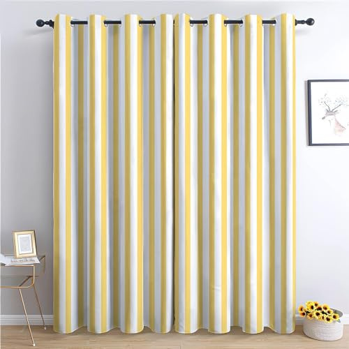 Verdunklungsvorhänge Gardinen mit Ösen Blickdichte Vorhänge Lärmschutzvorhang für Kinderzimmer Thermo Gardinen mit Gelbe Streifen Muster, 160 x 70 cm (HxB), Einfacher Stil 2er Set Schiebevorhänge